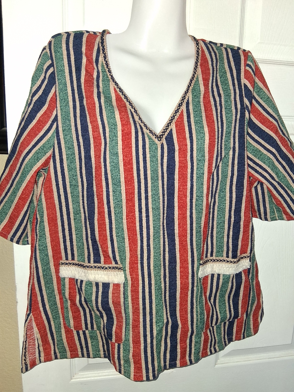 Anthropologie Moon River  triped V-Neck Tunic Top in Red, Green & Navy